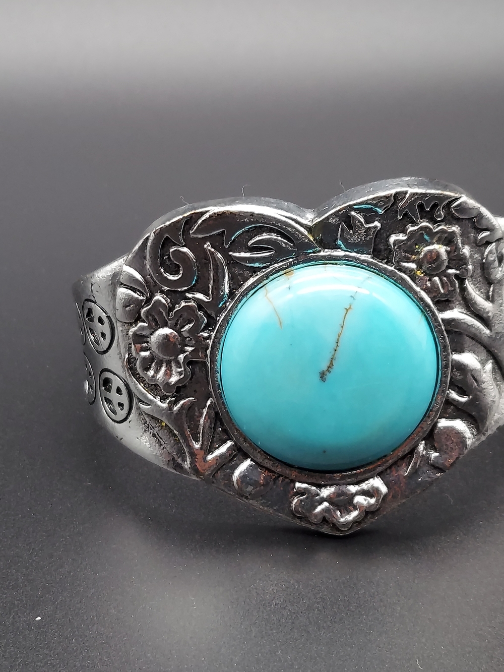 Turquoise Centered Floral Silver Cuff Bracelet - Women's Jewelry